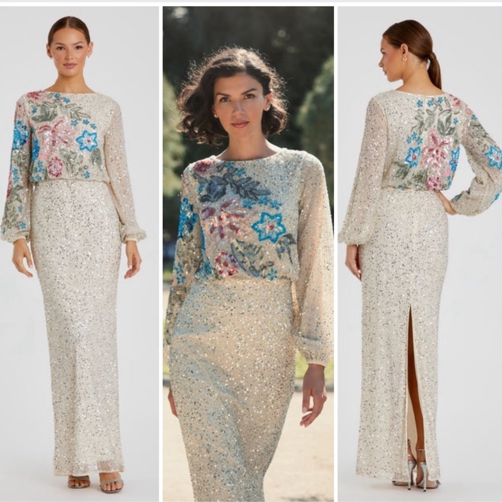 MAC DUGGAl NWT! Embellished Nude Multi Color Floral High Neck Gown Maxi Dress